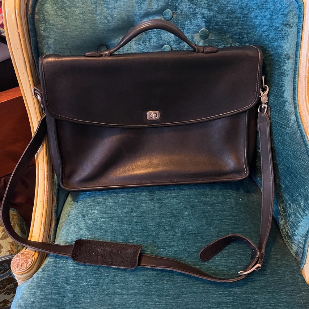 Vintage Coach Black Leather Laptop, Messenger Bag, Briefcase